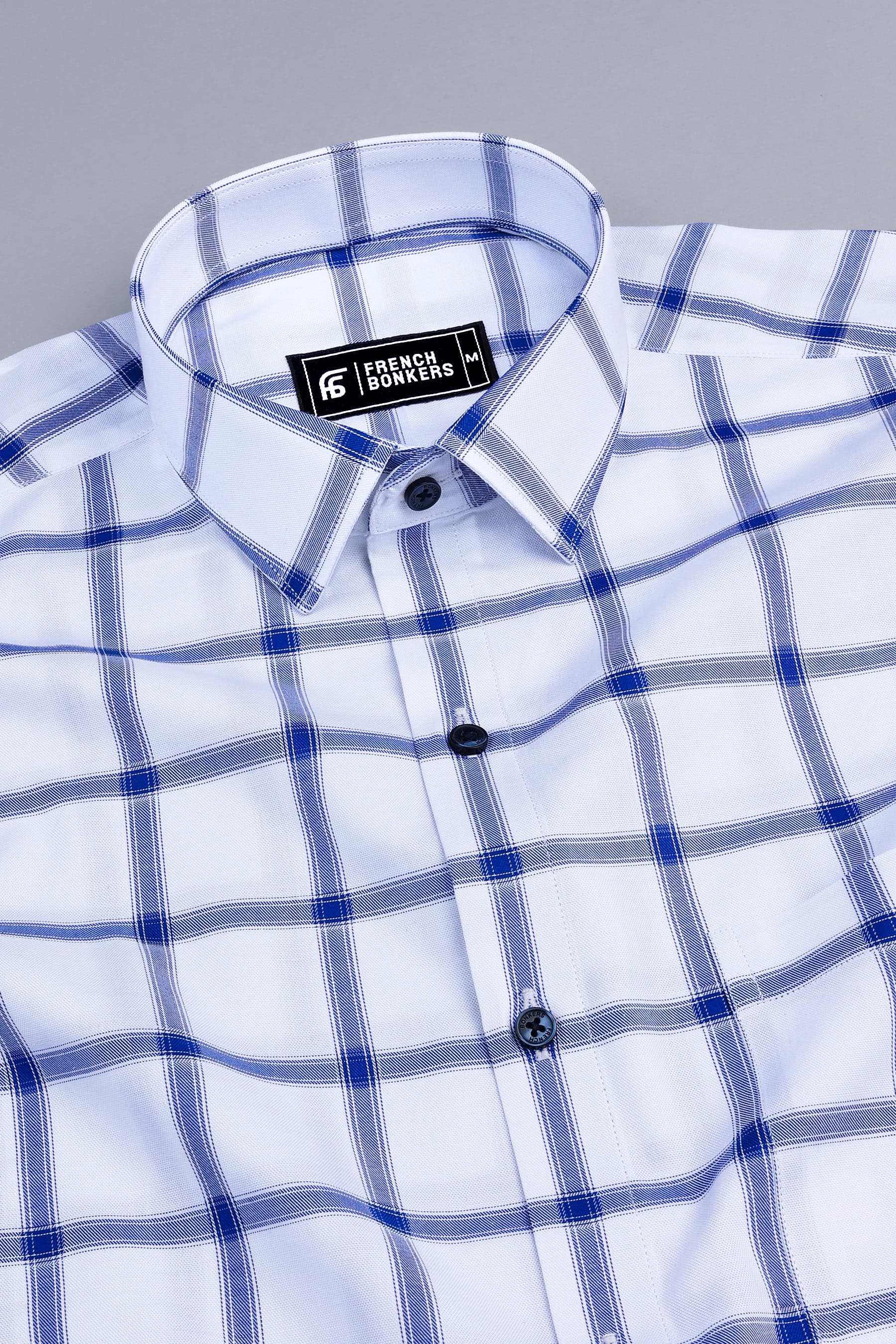 White with blue windowpane check shirt