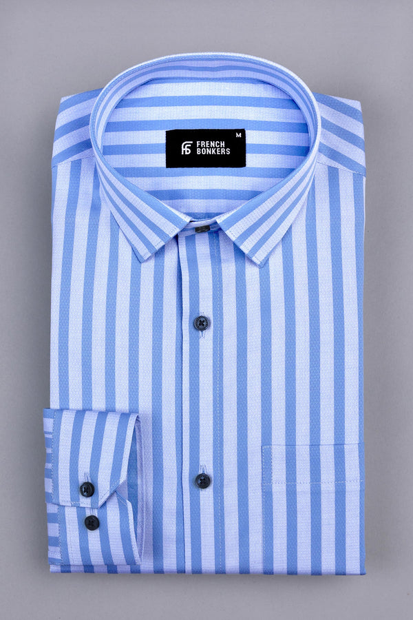 Light and dark cloud blue  jacquard awaning stripe cotton shirt