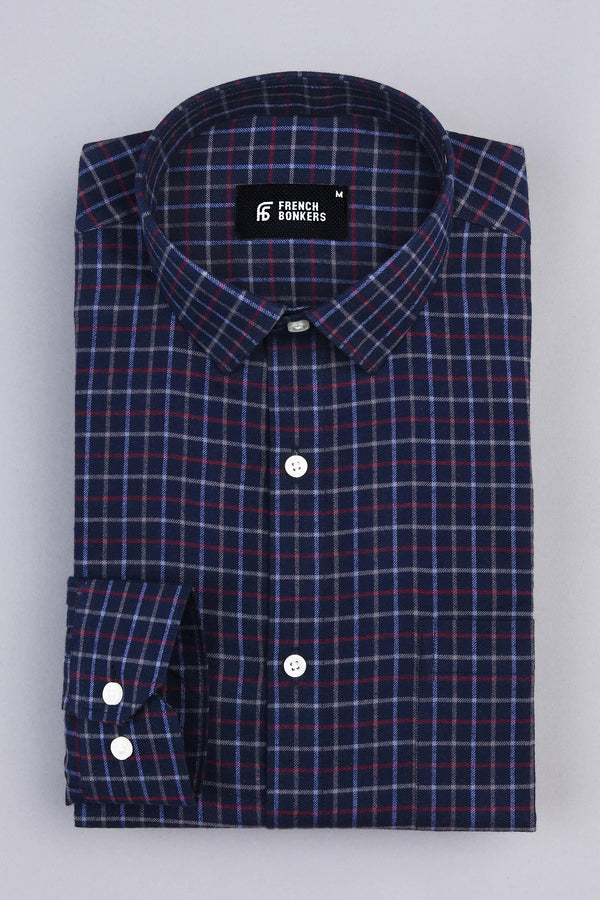 Dark blue with red and grey line tattershall check shirt