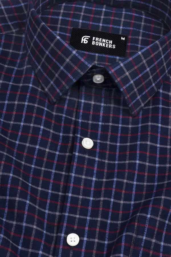 Dark blue with red and grey line tattershall check shirt