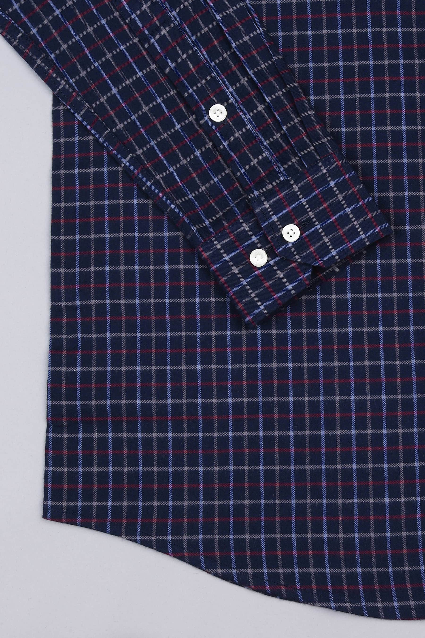 Dark blue with red and grey line tattershall check shirt