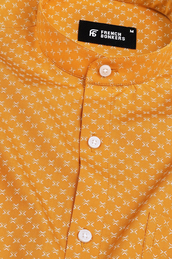 Butterscotch yellow with white printed poplin cotton shirt