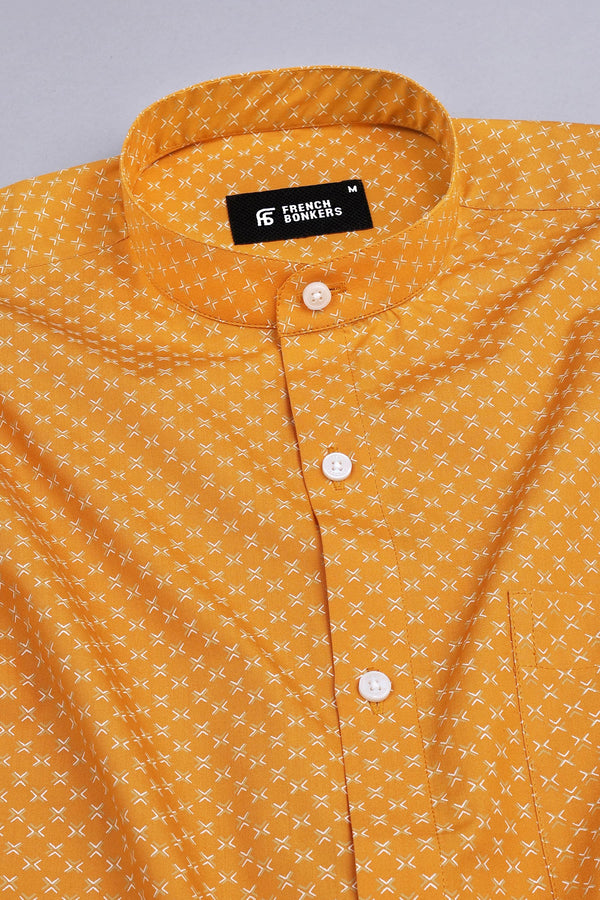 Butterscotch yellow with white printed poplin cotton shirt