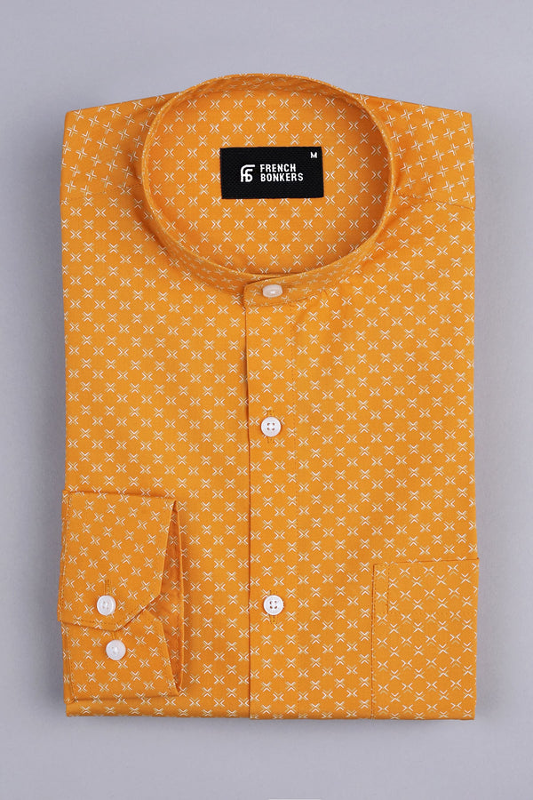 Butterscotch yellow with white printed poplin cotton shirt