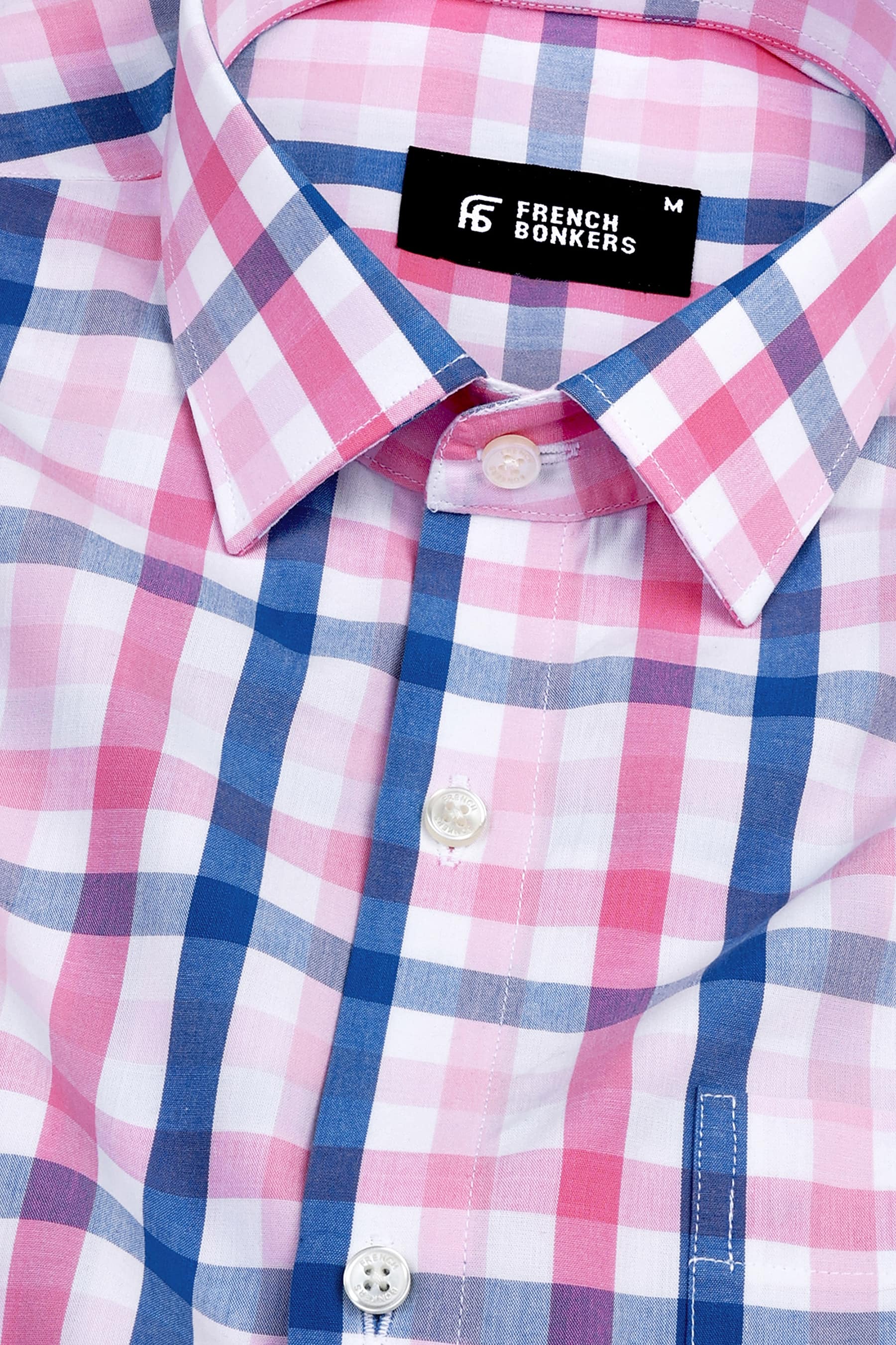 Flamingo and rouge pink with blue windowpane regular plaid check shirt