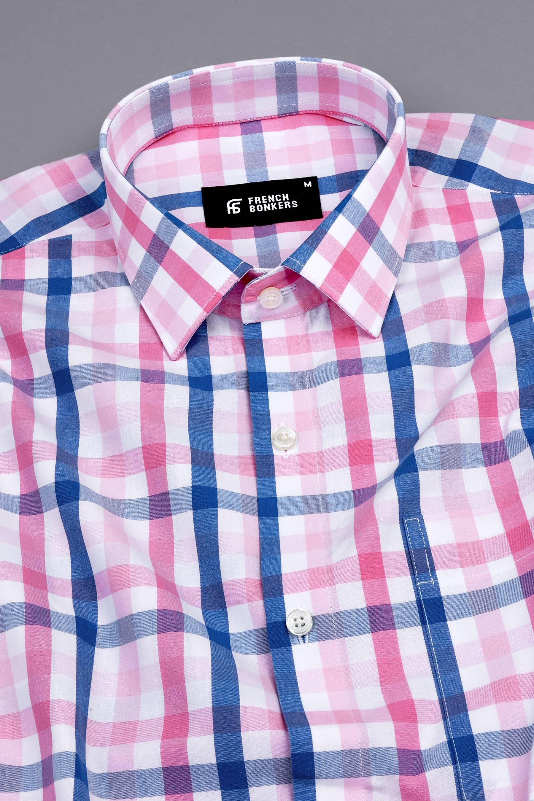 Flamingo and rouge pink with blue windowpane regular plaid check shirt