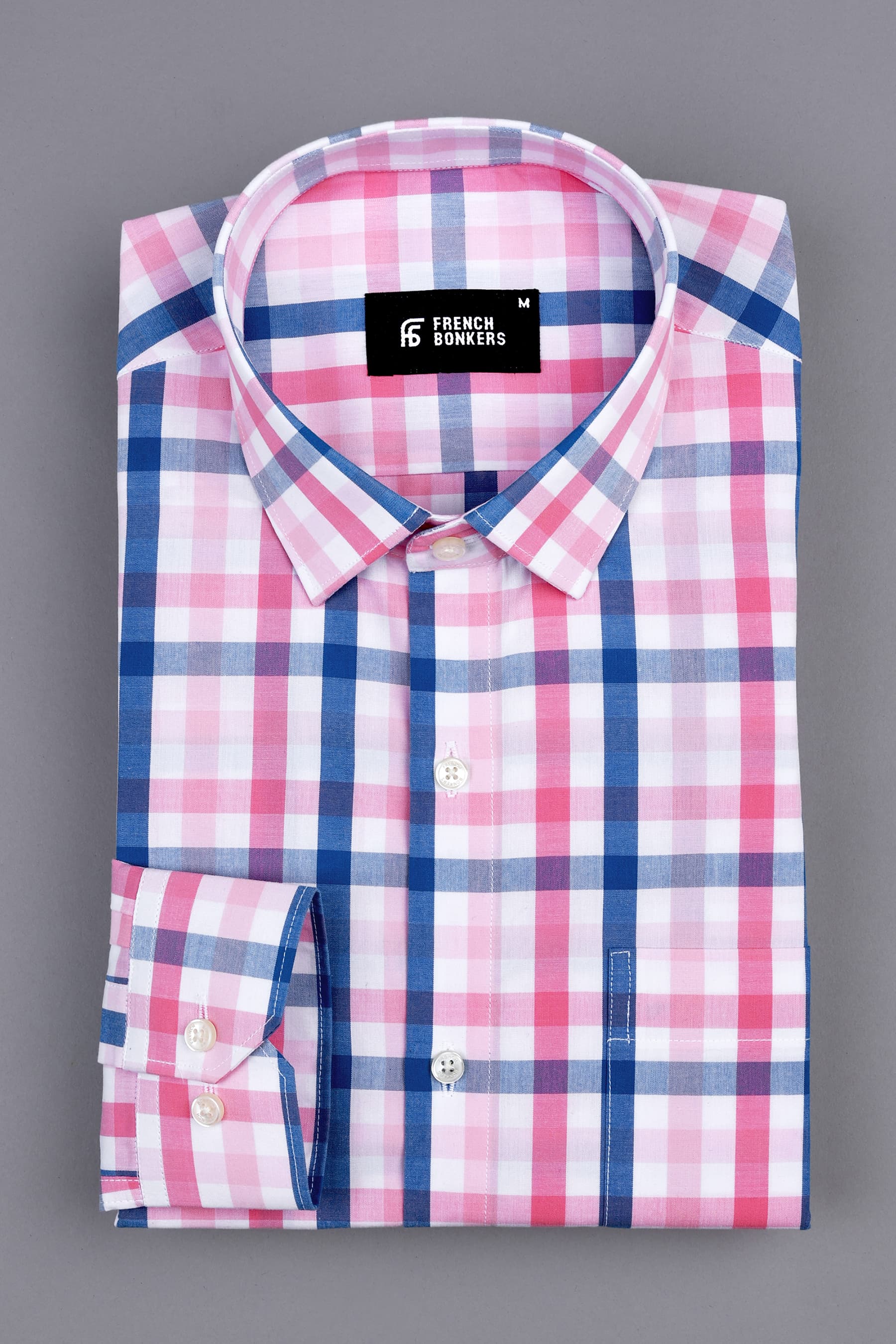 Flamingo and rouge pink with blue windowpane regular plaid check shirt