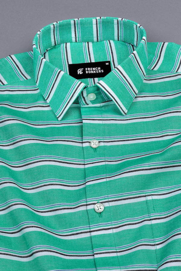 Parakeet green with blue black and white aradonis stripe shirt