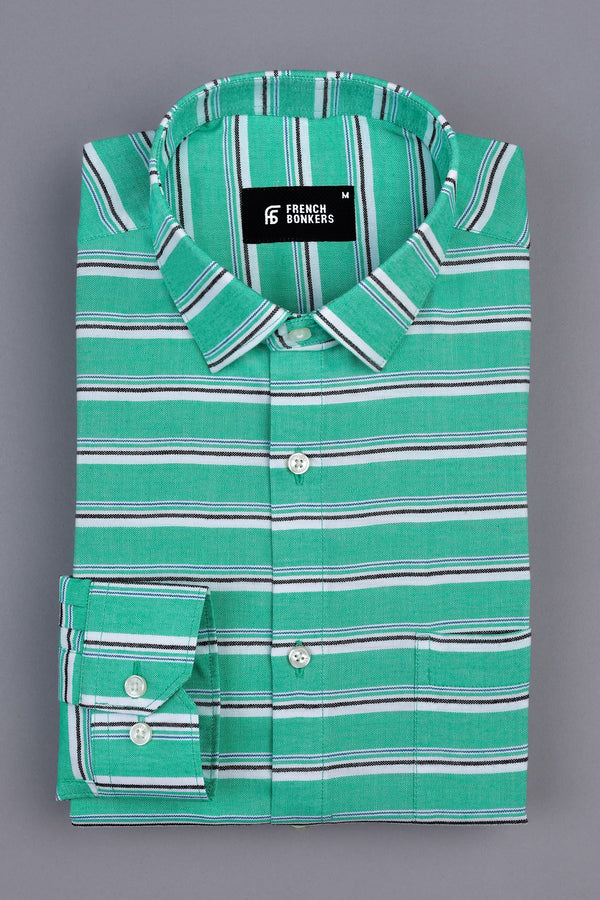 Parakeet green with blue black and white aradonis stripe shirt