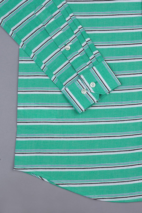 Parakeet green with blue black and white aradonis stripe shirt