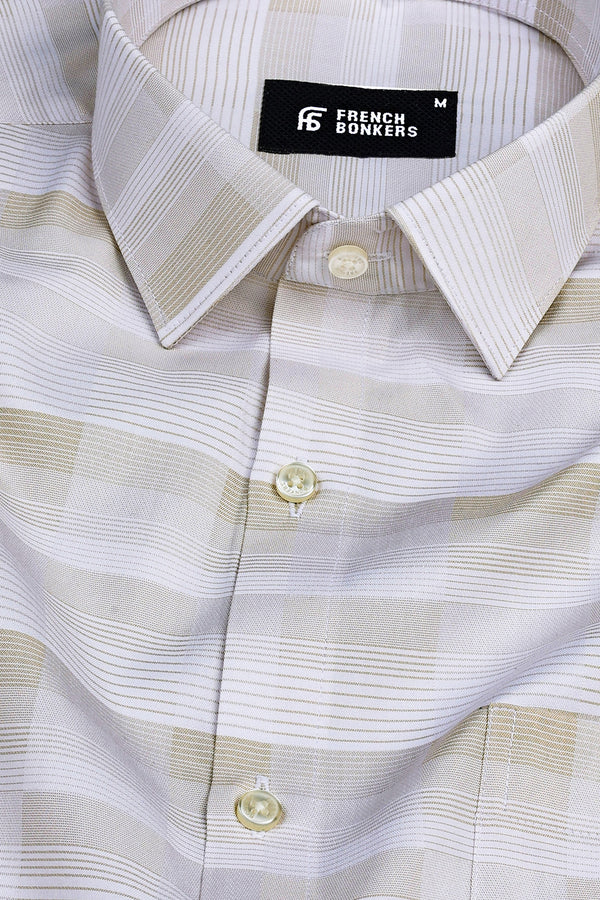 White with light brown line check shirt