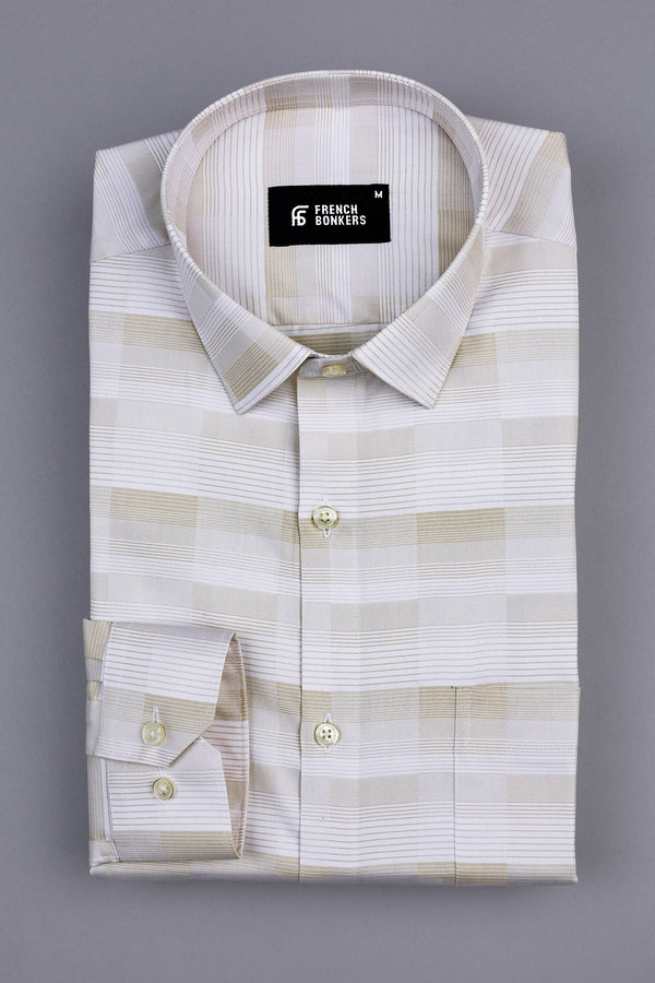 White with light brown line check shirt