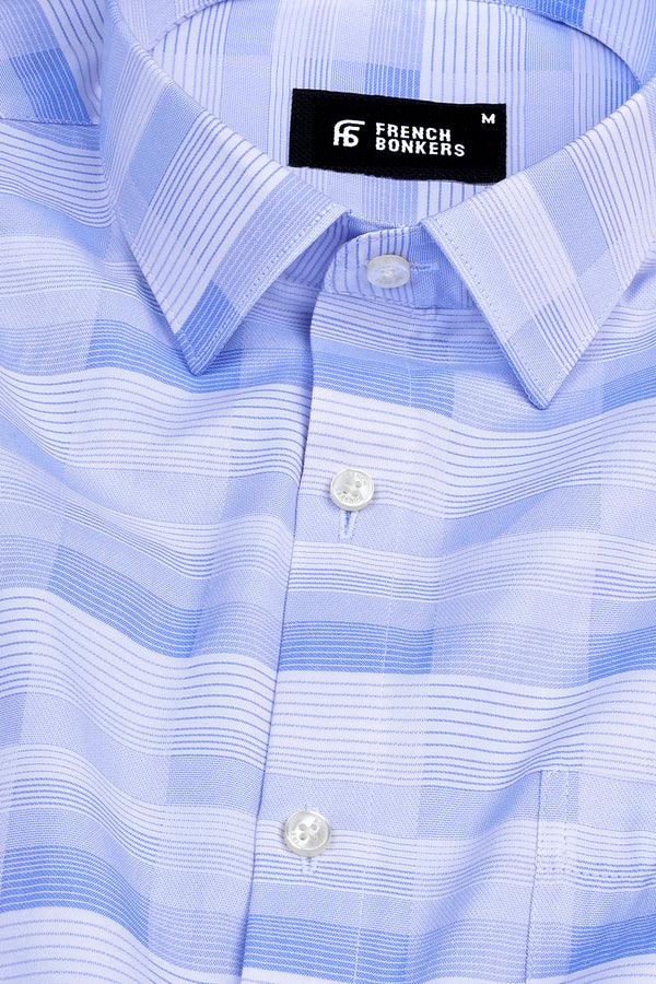 White with light blue line check shirt