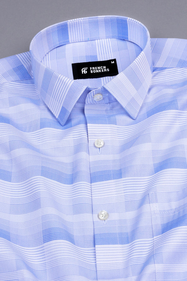 White with light blue line check shirt