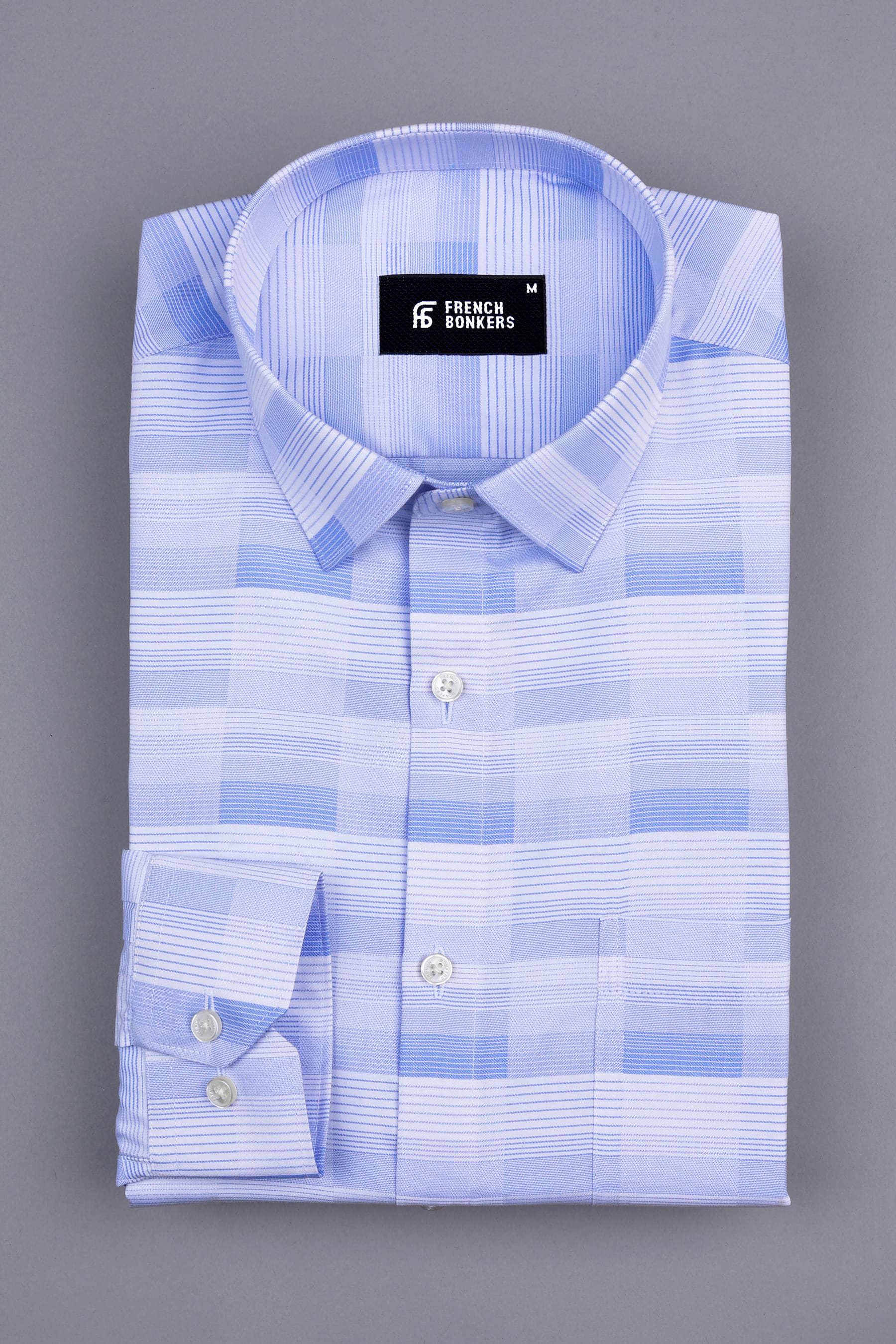 White with light blue line check shirt