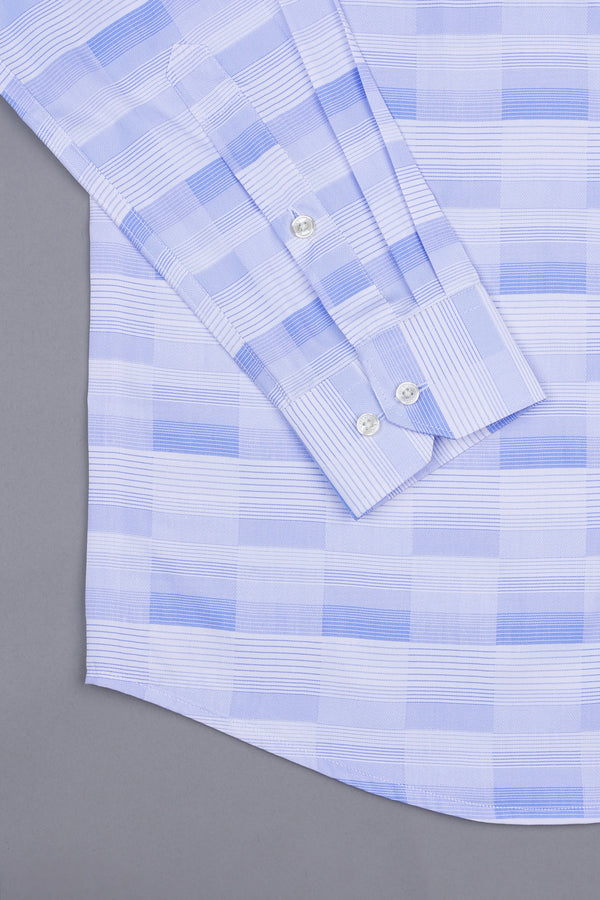 White with light blue line check shirt