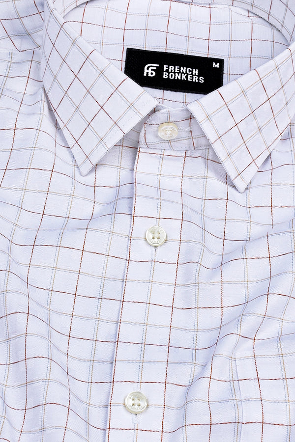 White with orange and light brown line check shirt