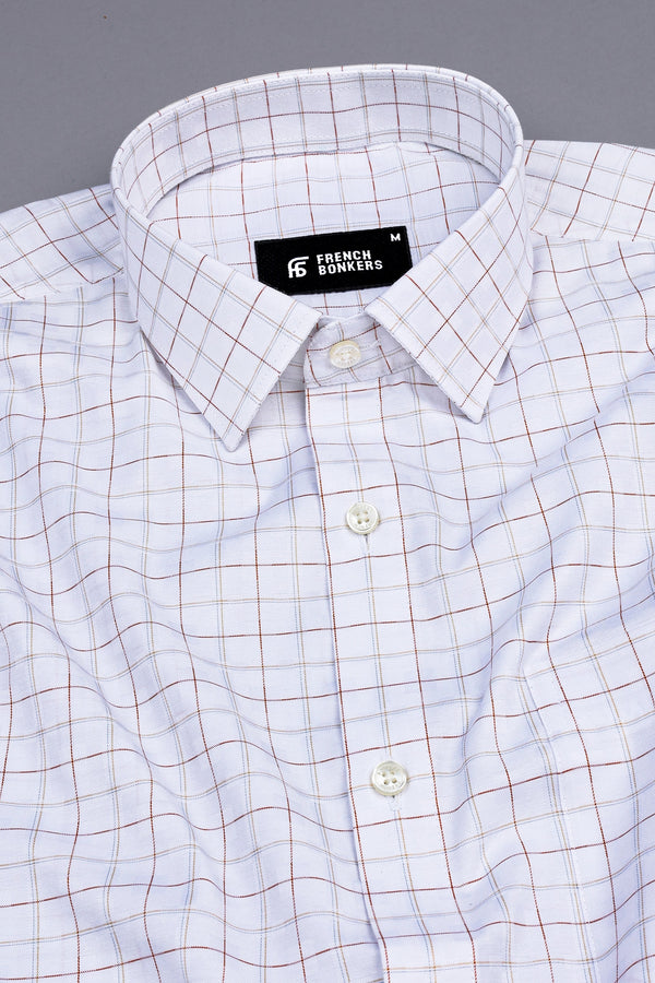 White with orange and light brown line check shirt