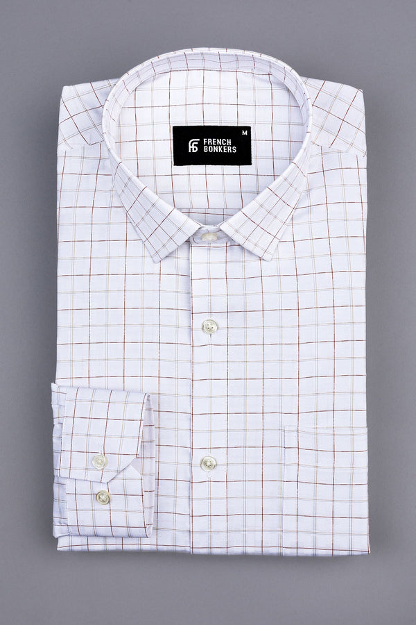 White with orange and light brown line check shirt