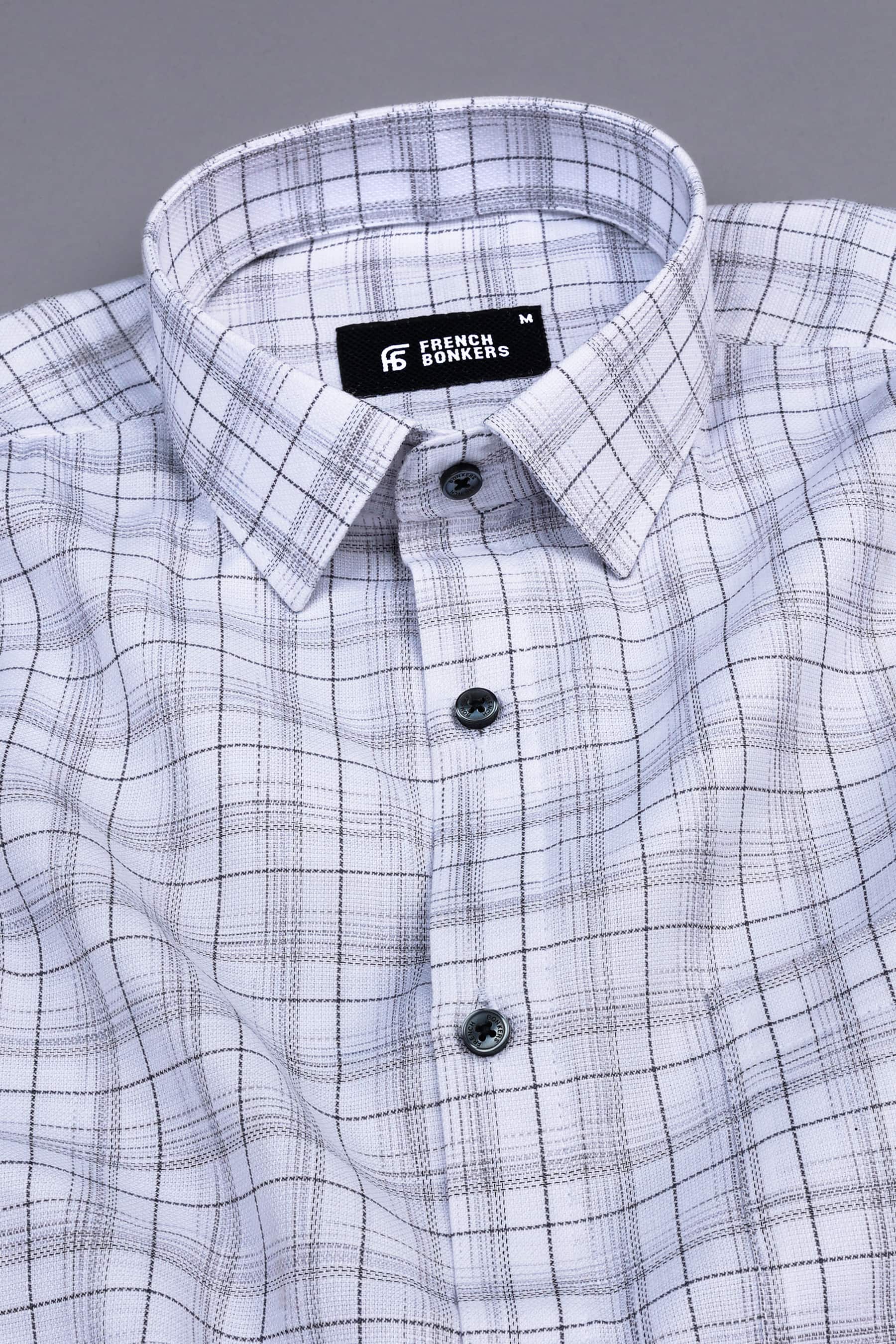 White with dark grey lines arglye check shirt