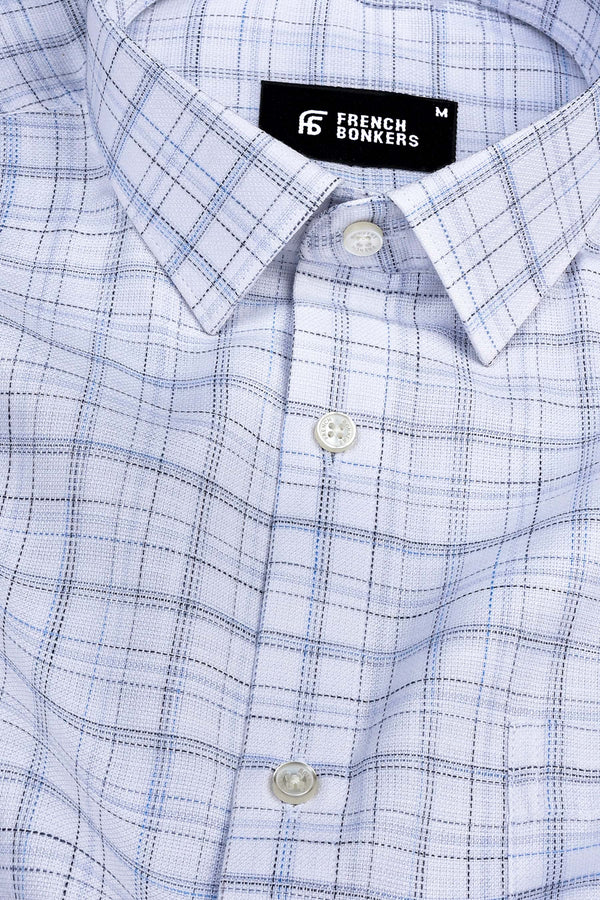 White with dark and light blue line arglye check shirt