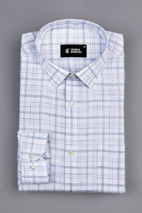 White with dark and light blue line arglye check shirt