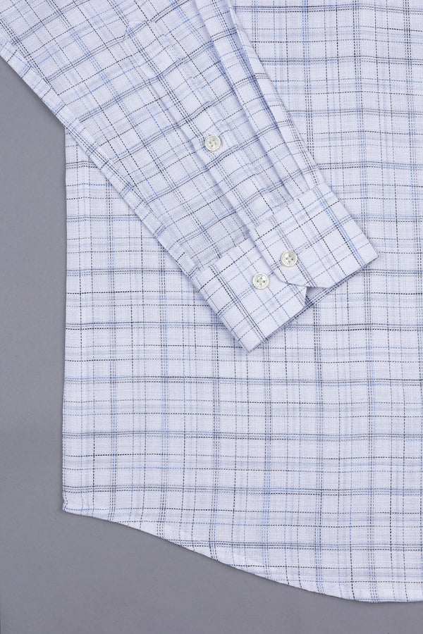 White with dark and light blue line arglye check shirt