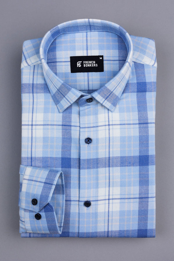 White with carolina blue and light yellow line twill check shirt