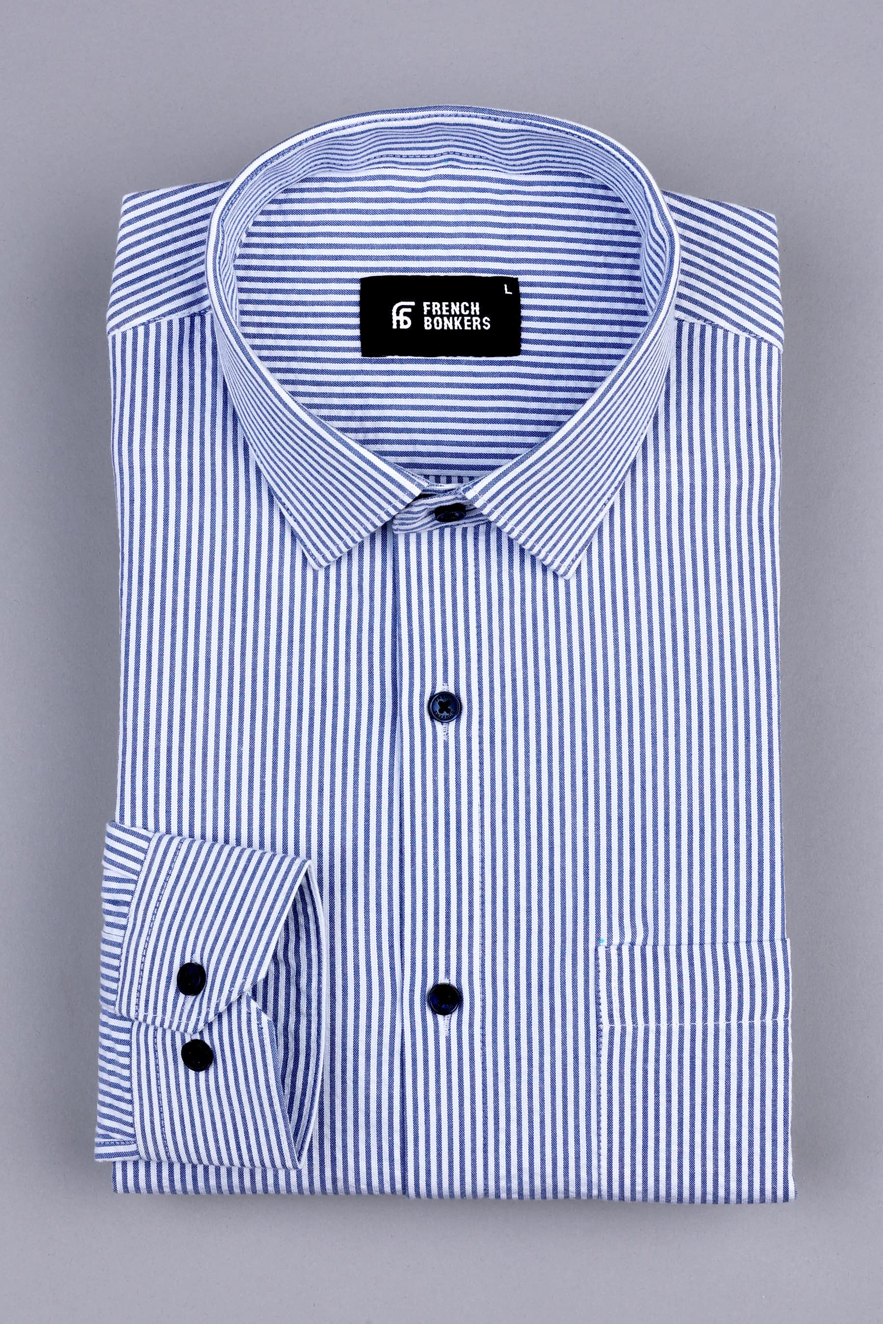 White with blue oxford seersucker texture stripe shirt