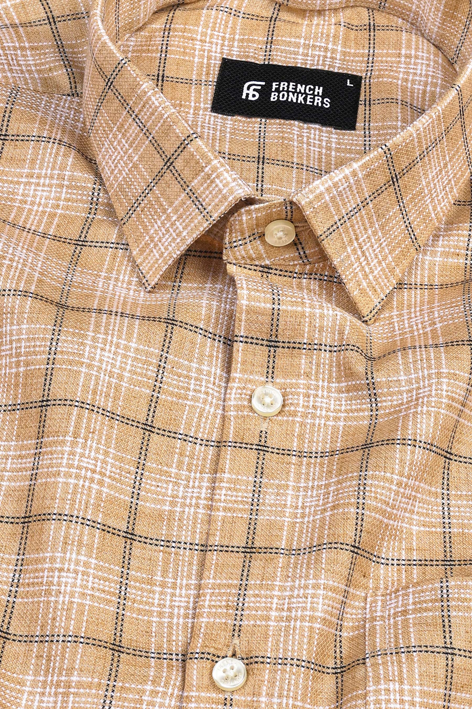 Brown with black and white lines windowpane check shirt