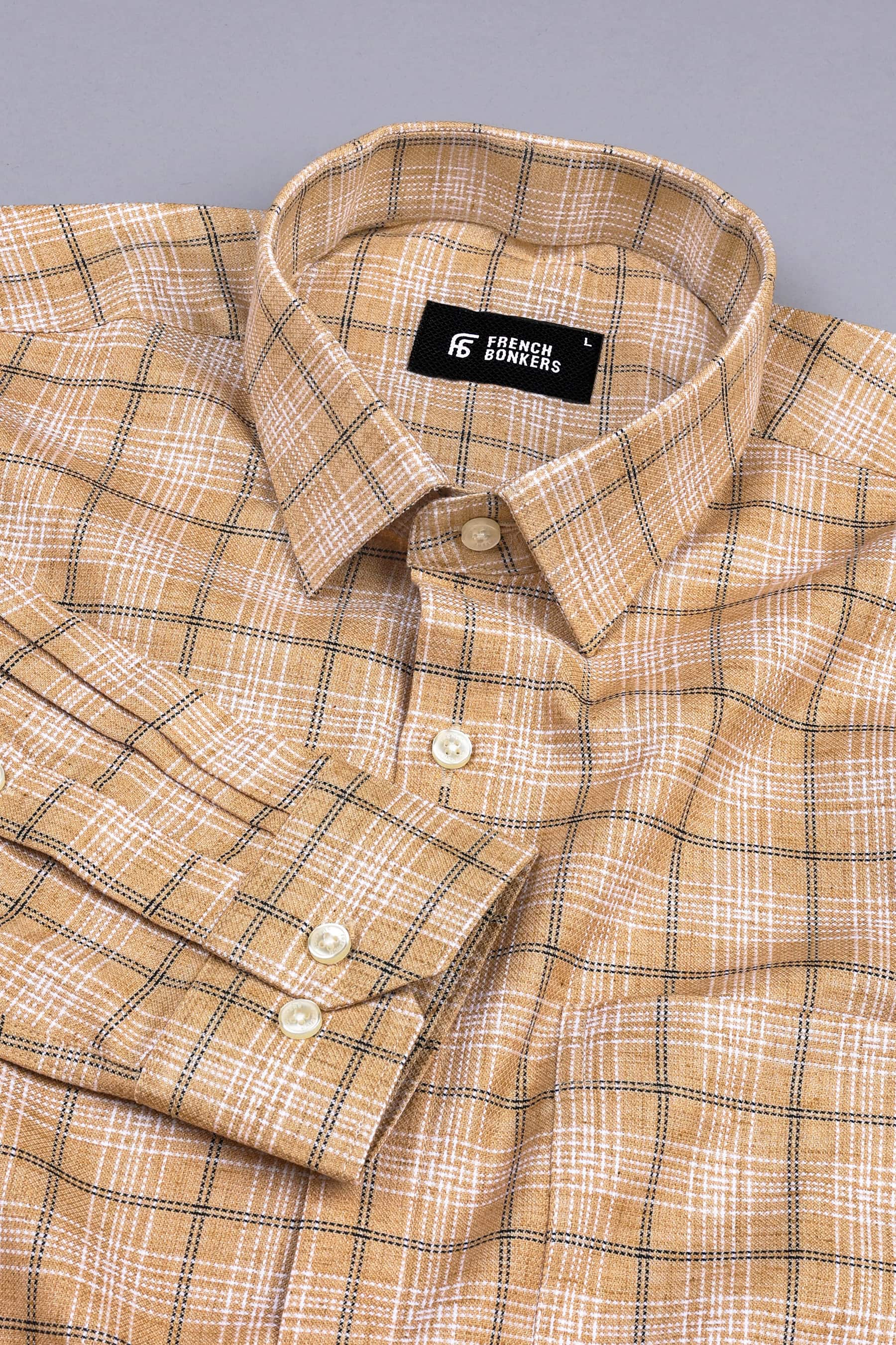 Brown with black and white lines windowpane check shirt