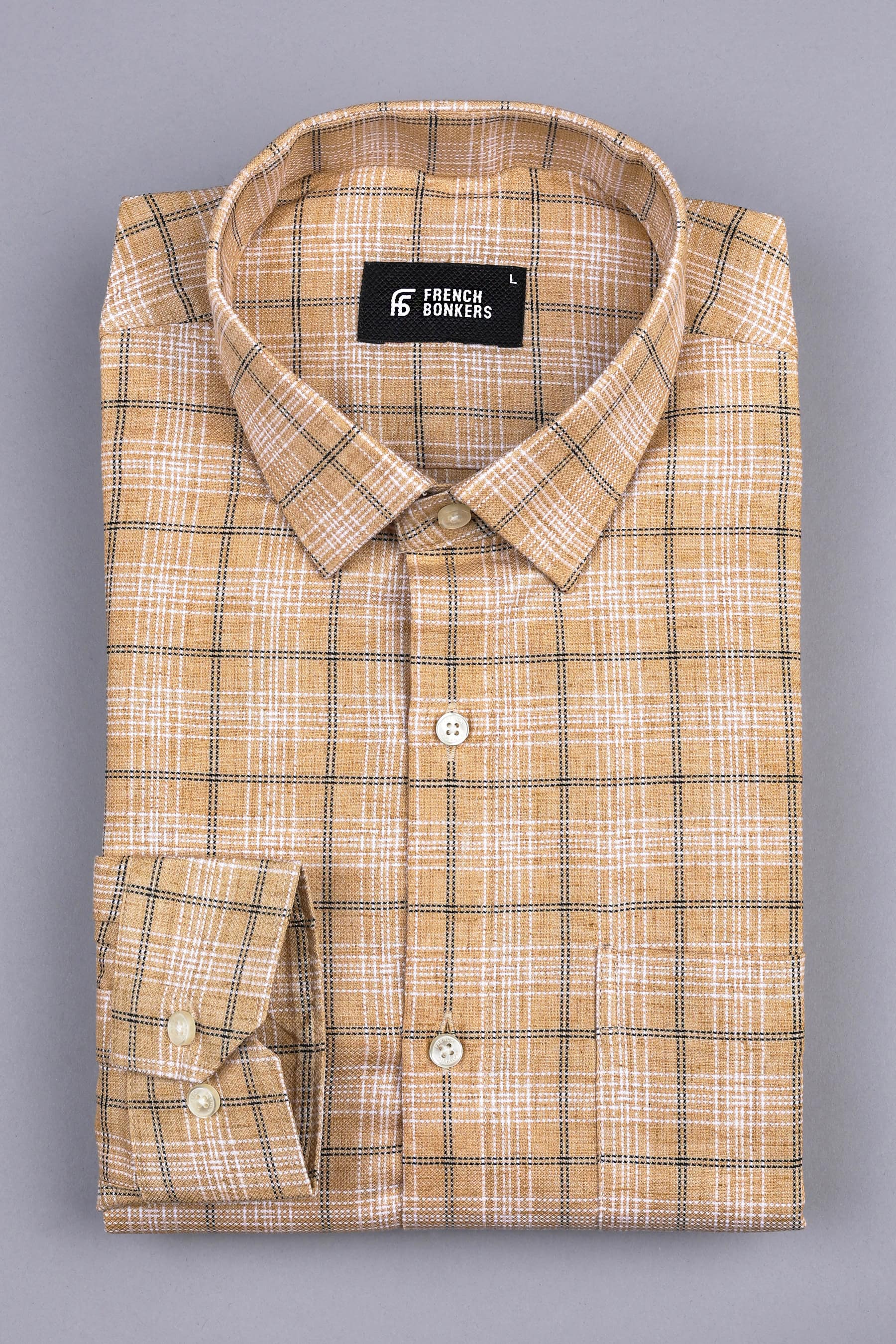 Brown with black and white lines windowpane check shirt