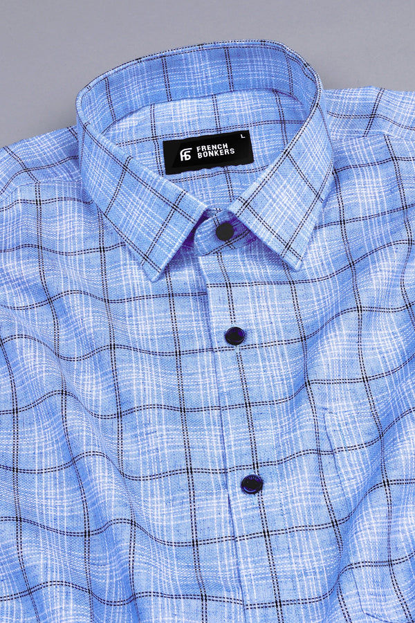 Sky blue with black and white lines windowpane check shirt