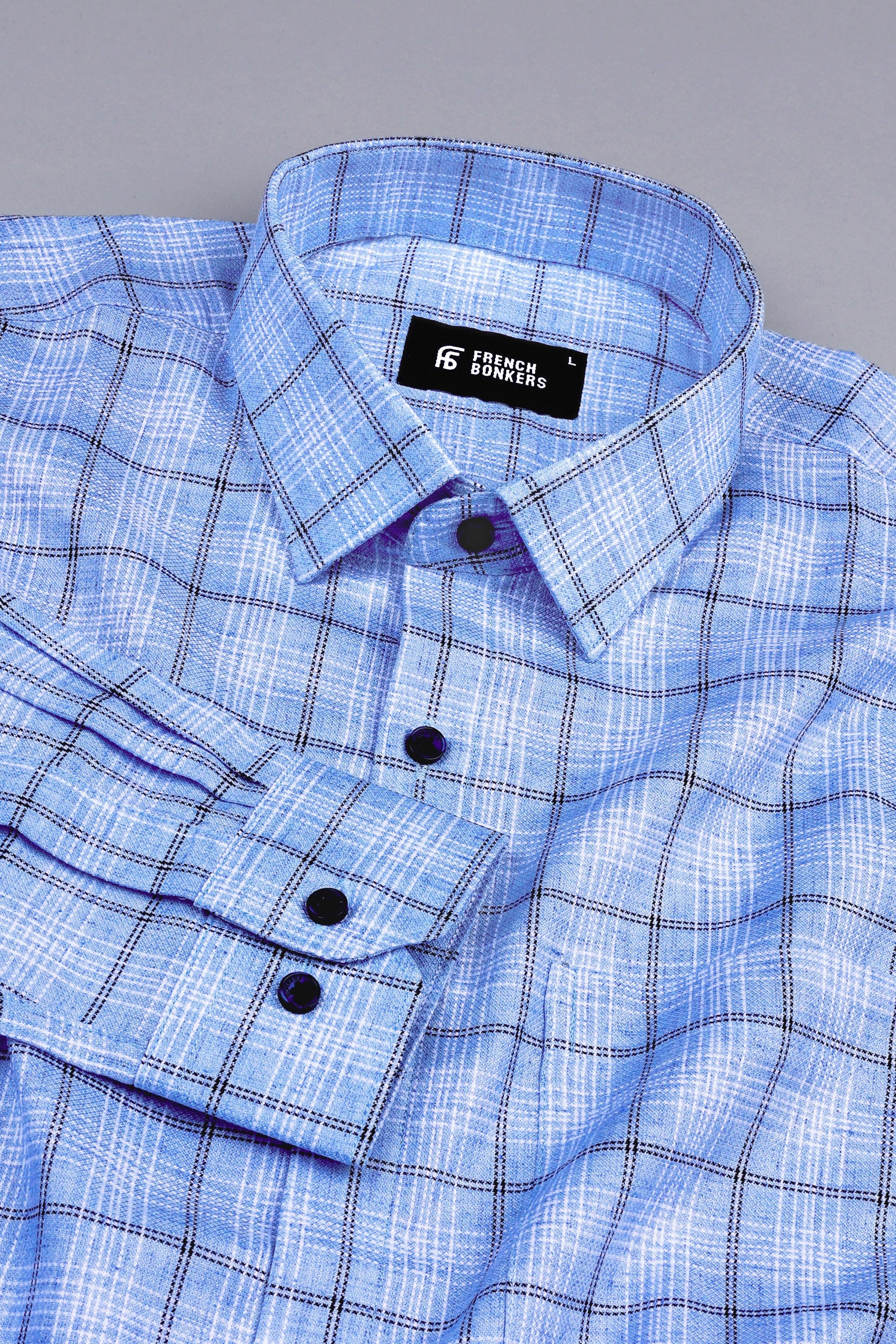 Sky blue with black and white lines windowpane check shirt