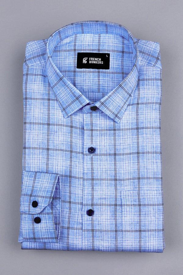 Sky blue with black and white lines windowpane check shirt