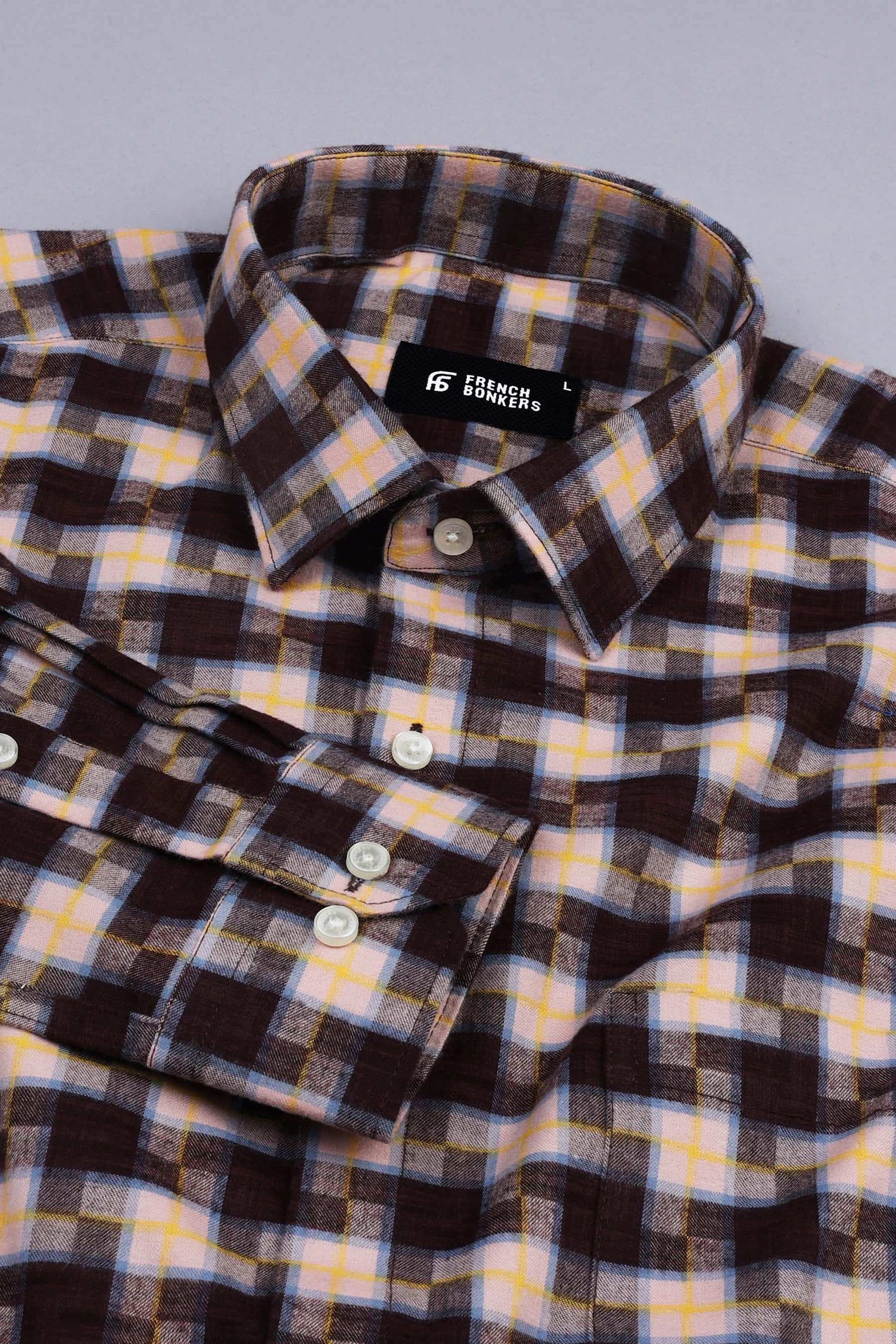 Dark Brown and Cream with yellow line windowpane check shirt