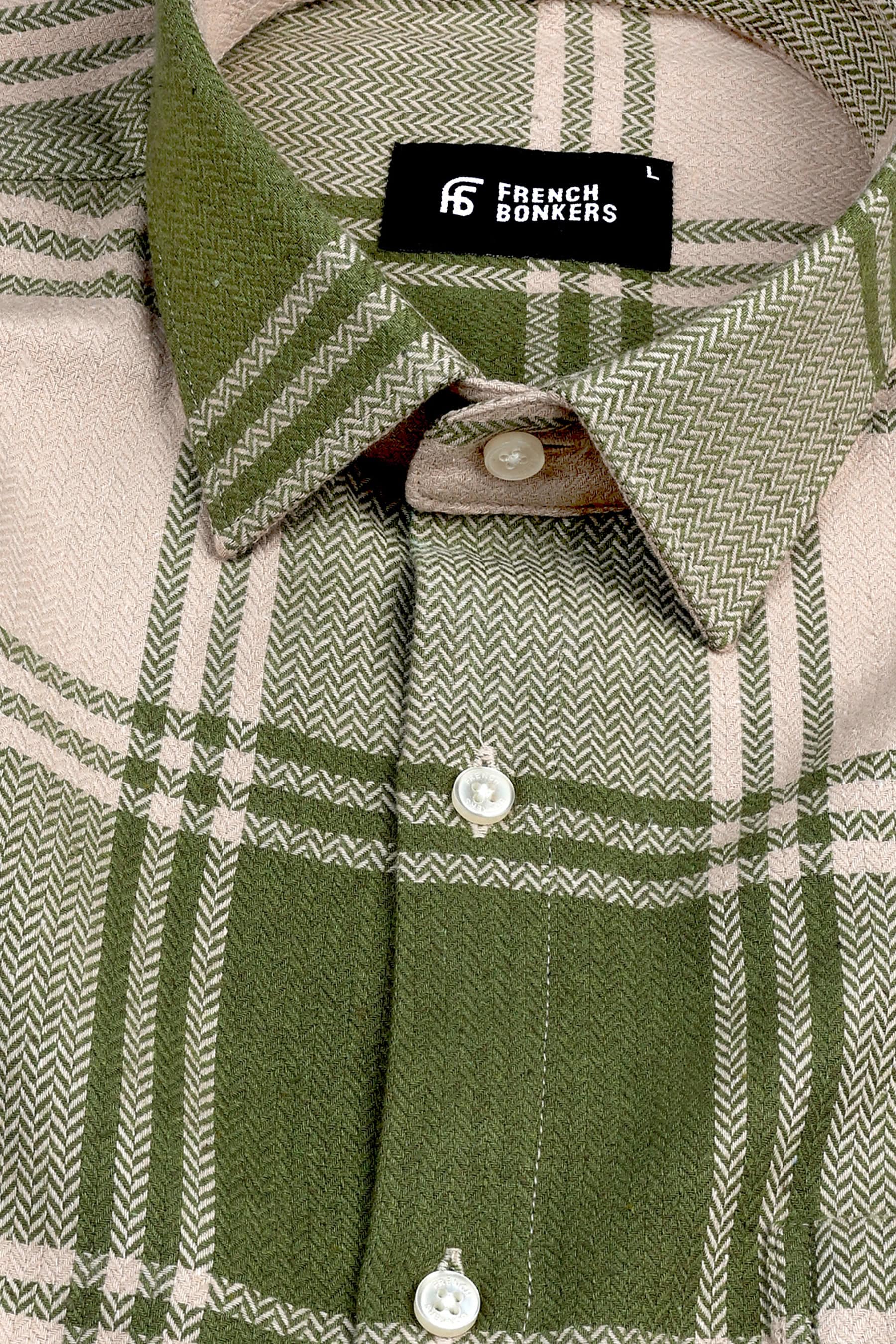 Avocado green with cream herringbone texture windowpane check shirt