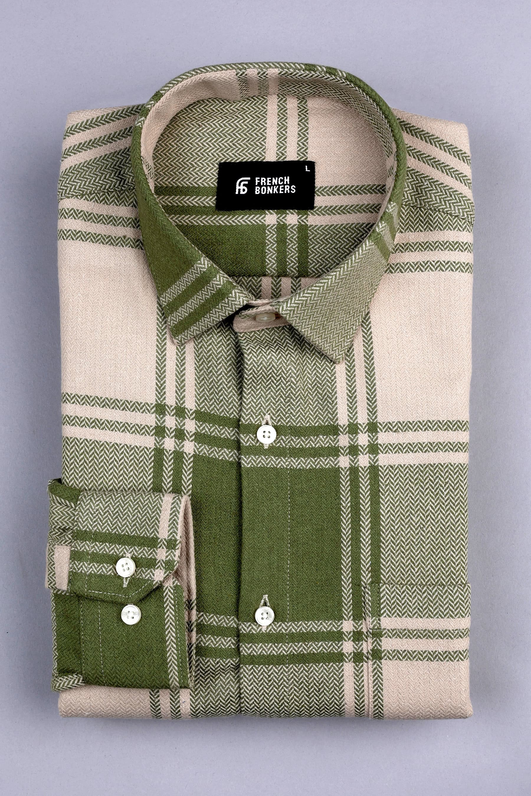 Avocado green with cream herringbone texture windowpane check shirt