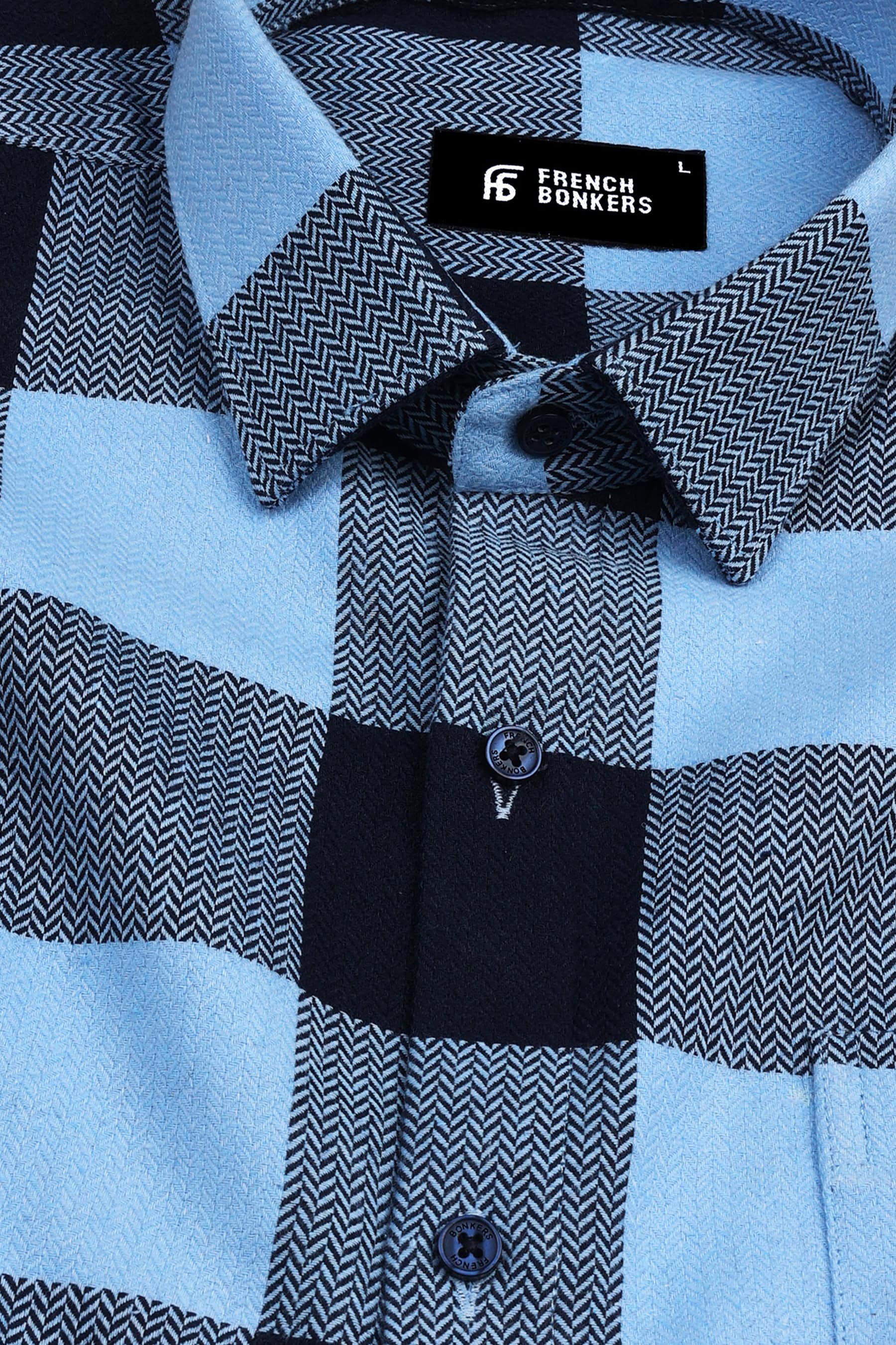 Light and Dark blue herringbone texture windowpane Flannel check shirt