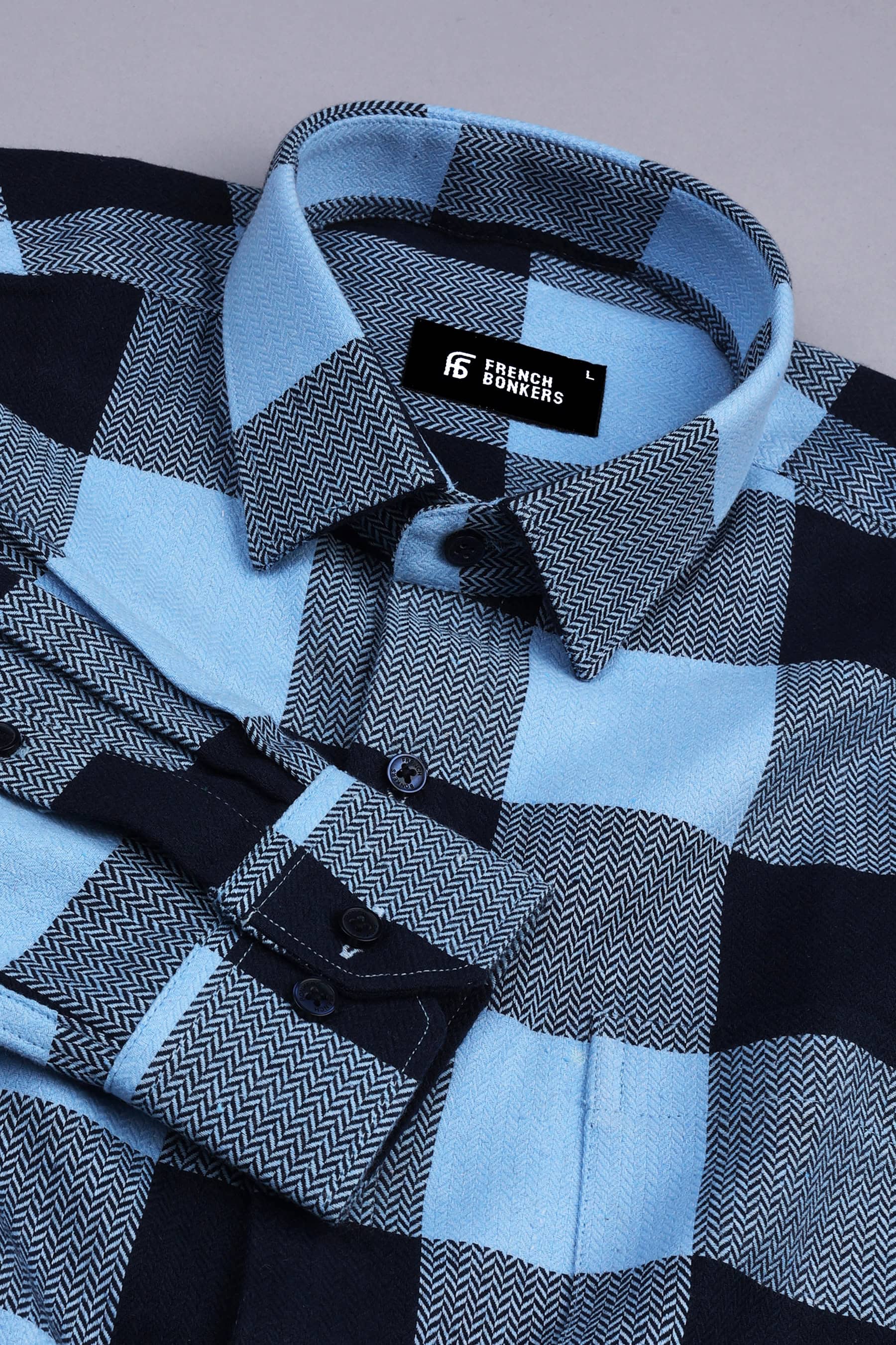 Light and Dark blue herringbone texture windowpane Flannel check shirt