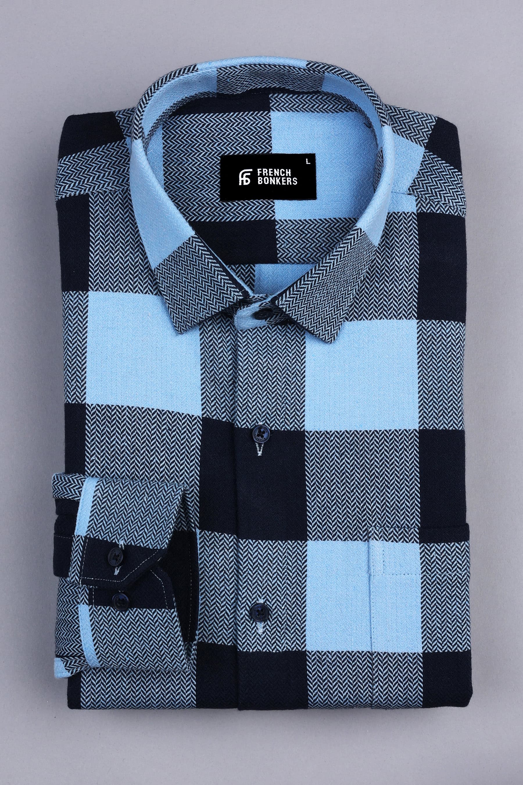 Light and Dark blue herringbone texture windowpane Flannel check shirt