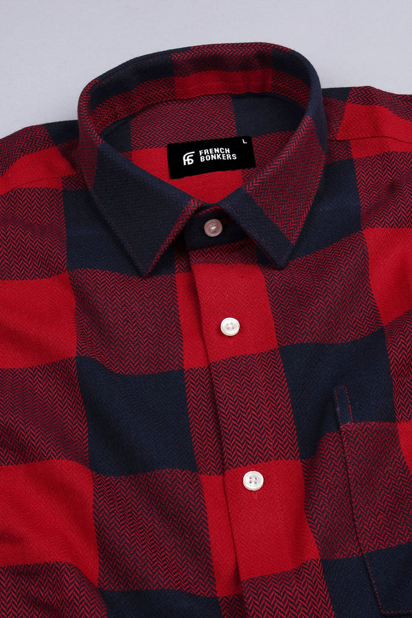 Red and Dark blue herringbone texture windowpane Flannel check shirt