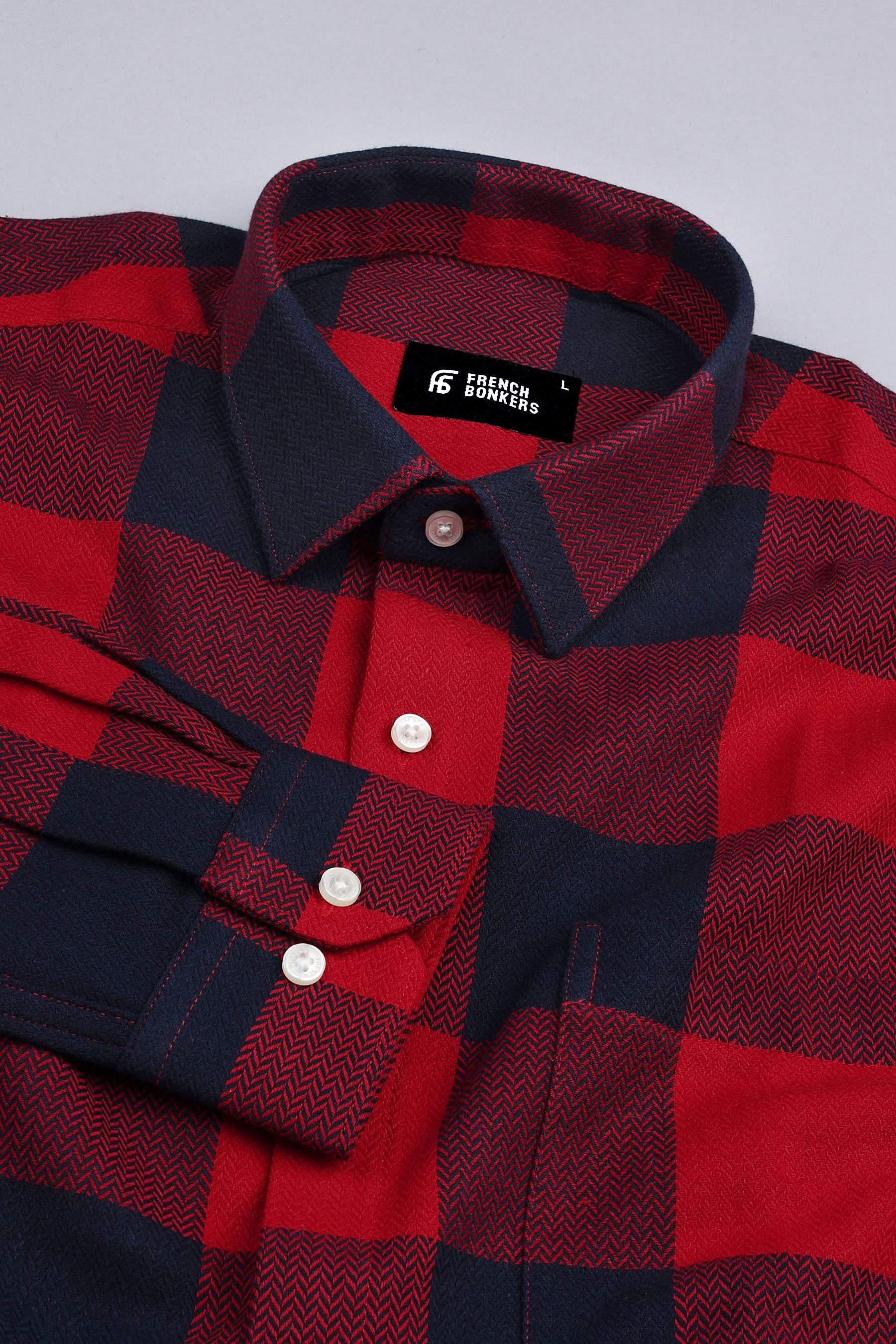 Red and Dark blue herringbone texture windowpane Flannel check shirt