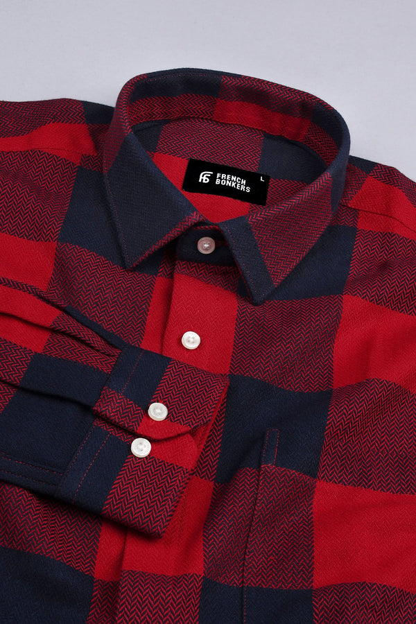 Red and Dark blue herringbone texture windowpane Flannel check shirt