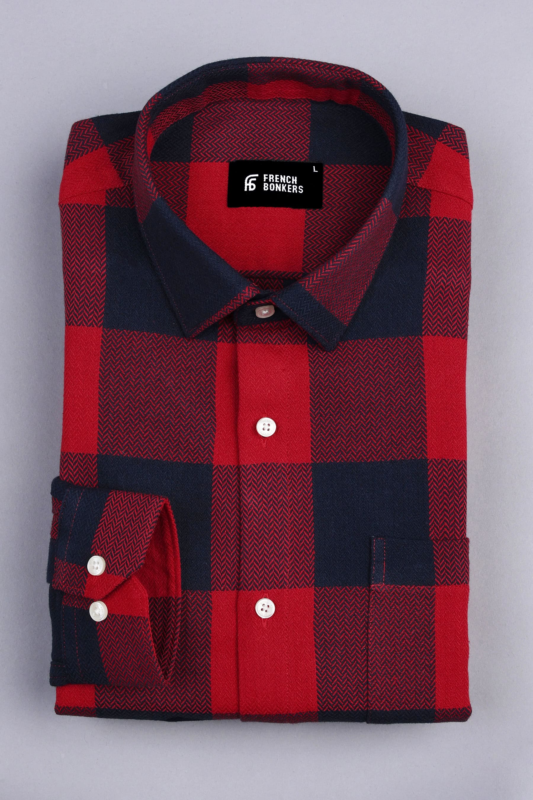 Red and Dark blue herringbone texture windowpane Flannel check shirt