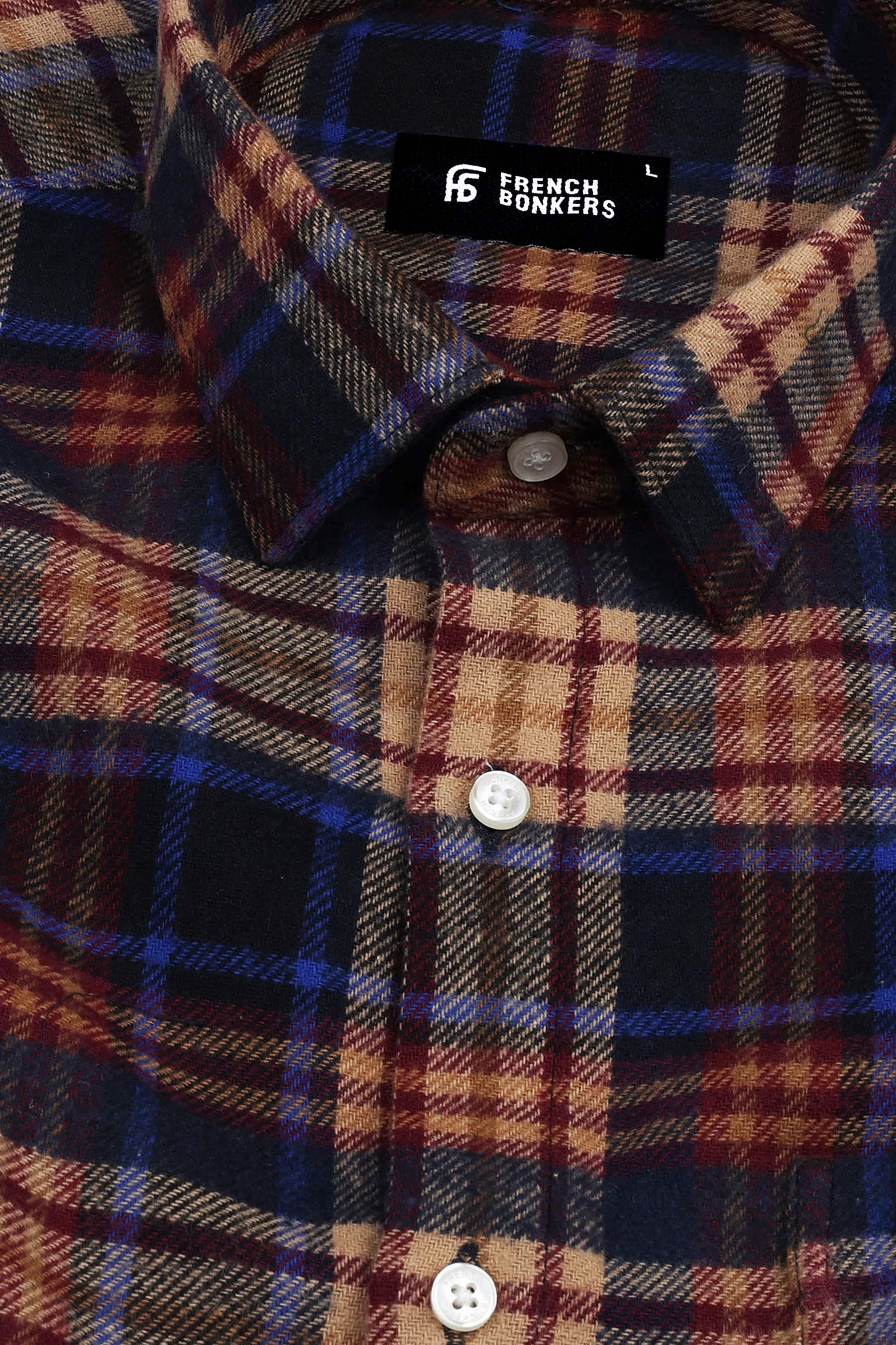 Brown with blood red and dark blue brushing check shirt