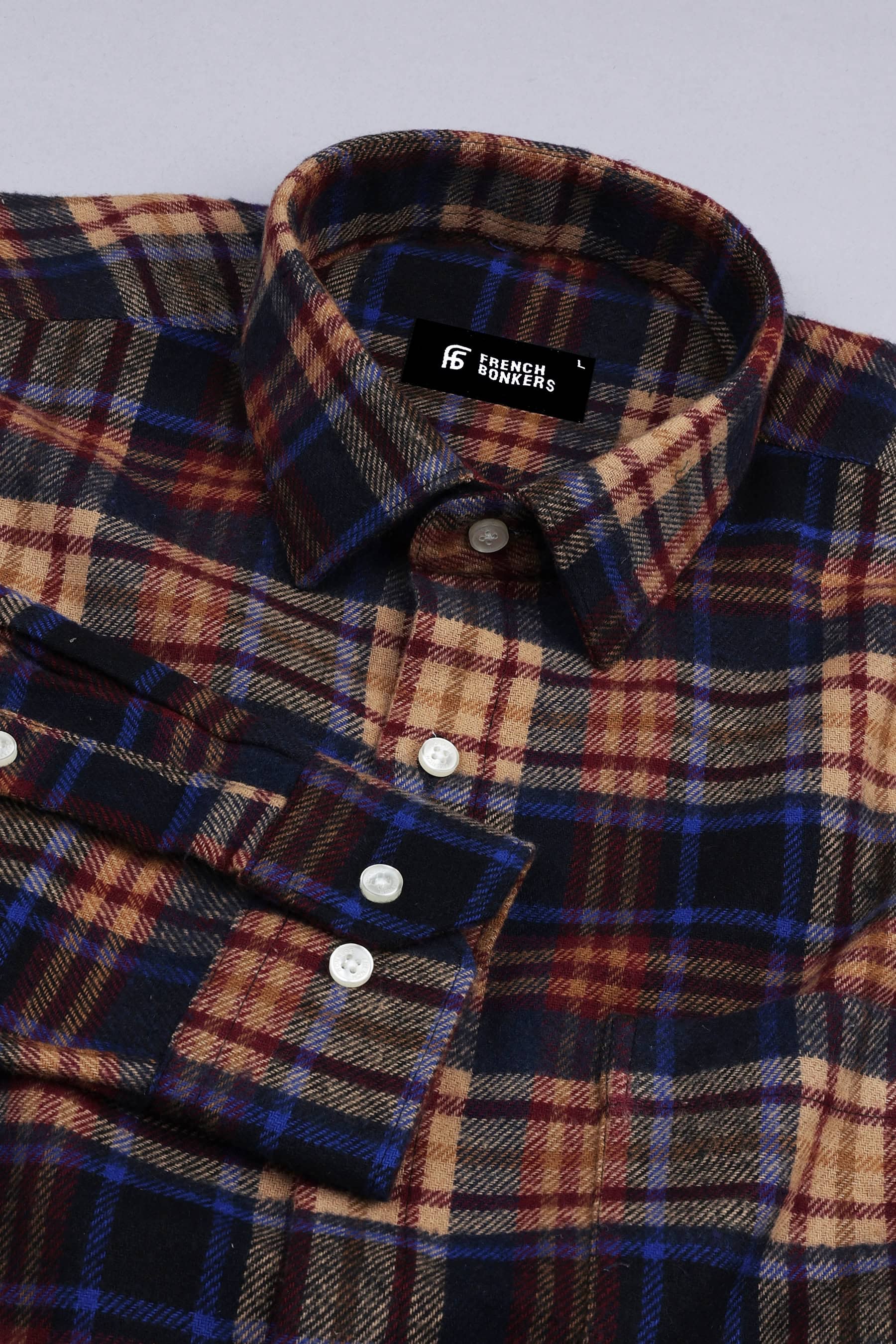 Brown with blood red and dark blue brushing check shirt