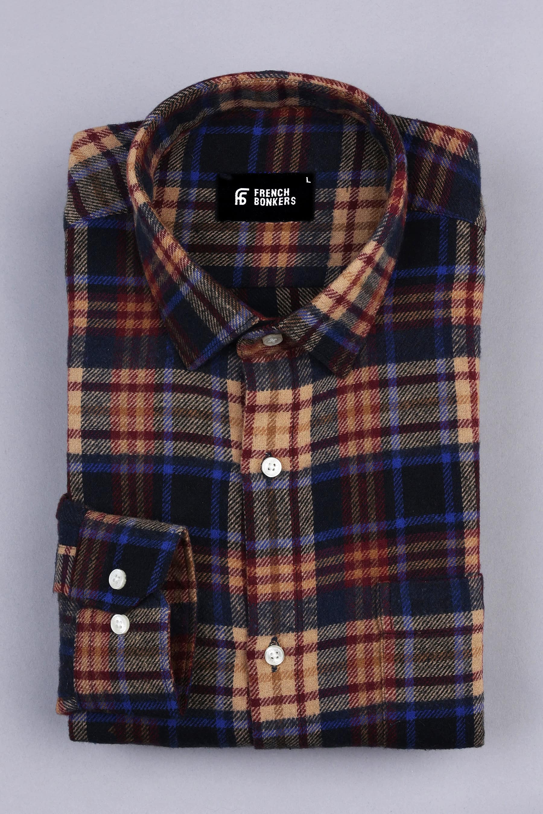 Brown with blood red and dark blue brushing check shirt