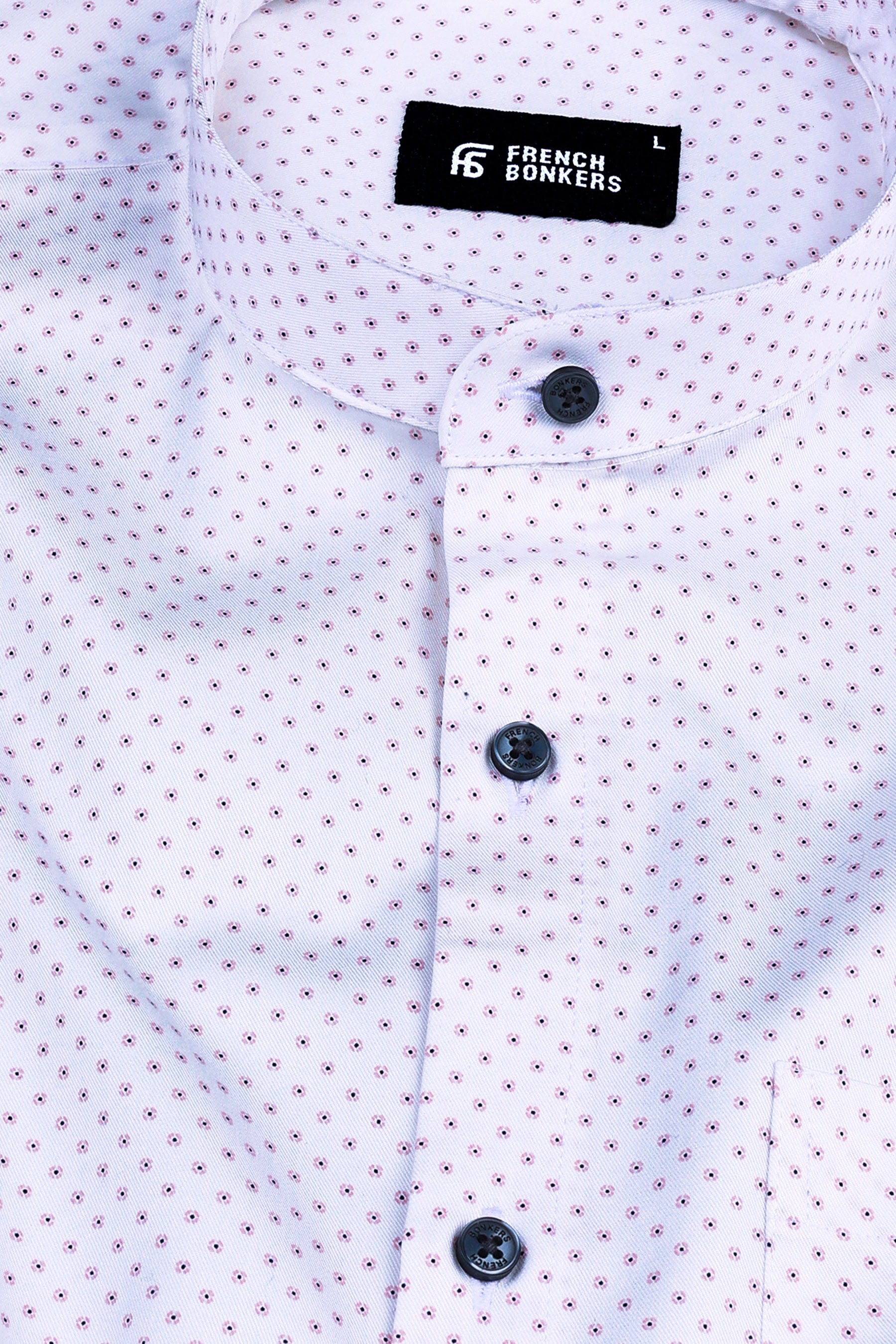 White with light pink and blue dot printed shirt