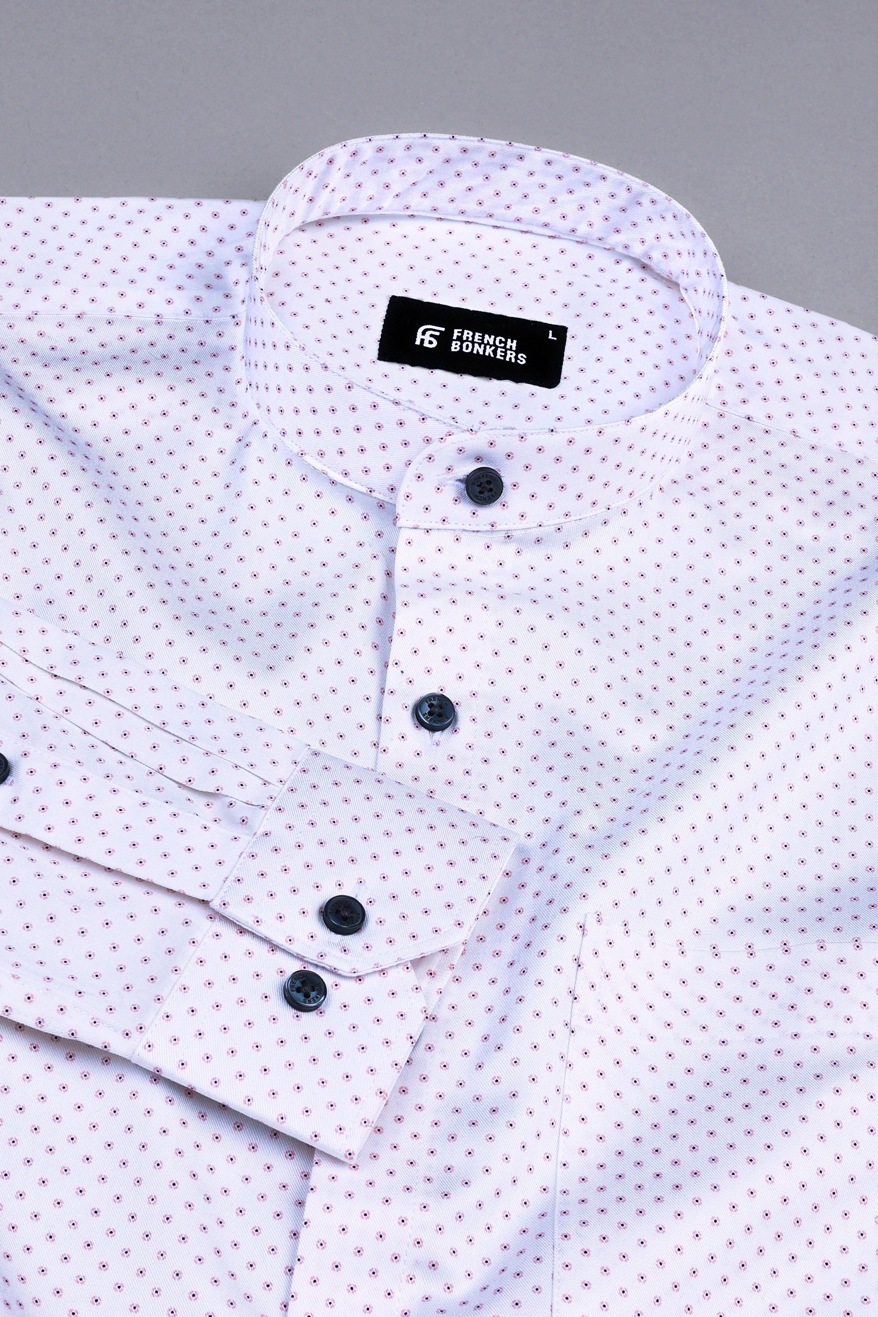 White with light pink and blue dot printed shirt